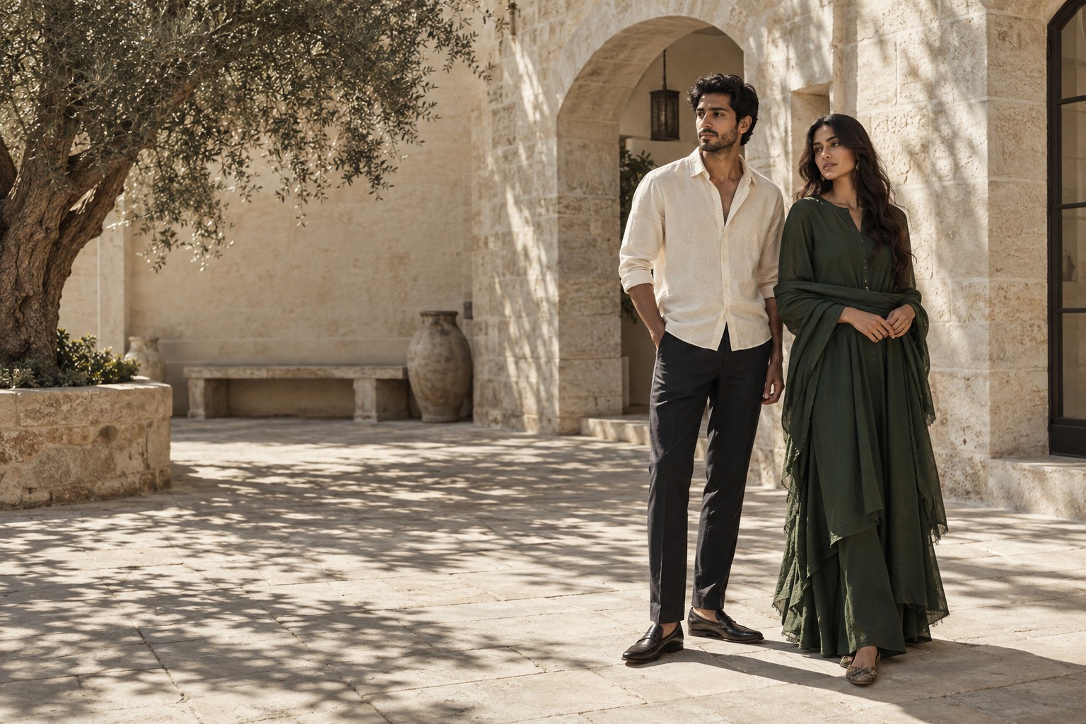 Artisan campaign in a sunlit stone courtyard